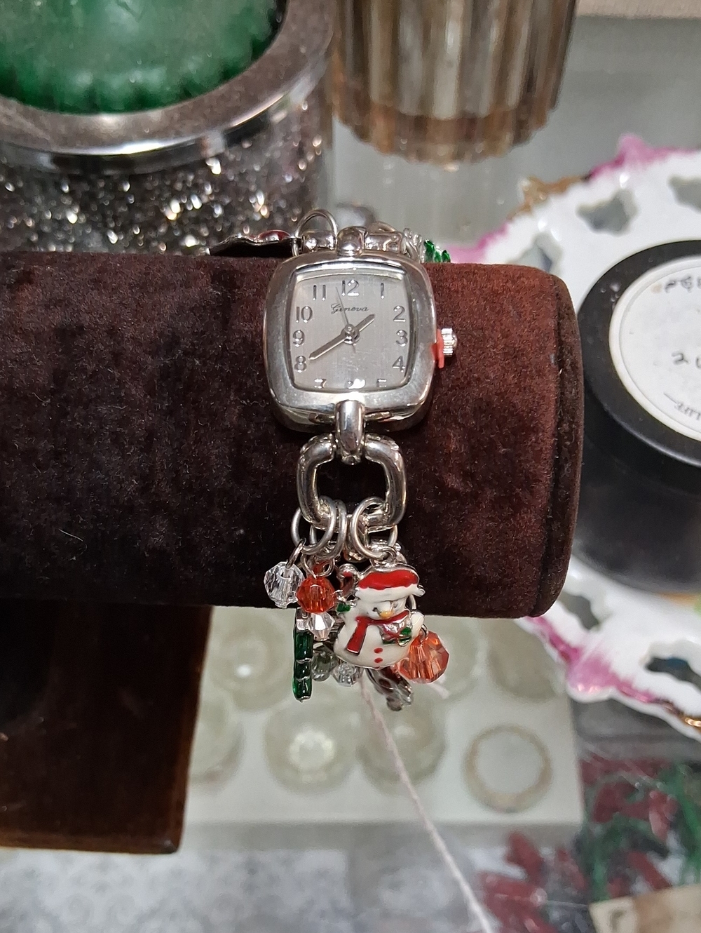 Geneva Silver-Tone Charm Bracelet Watch with Red & Green Accents